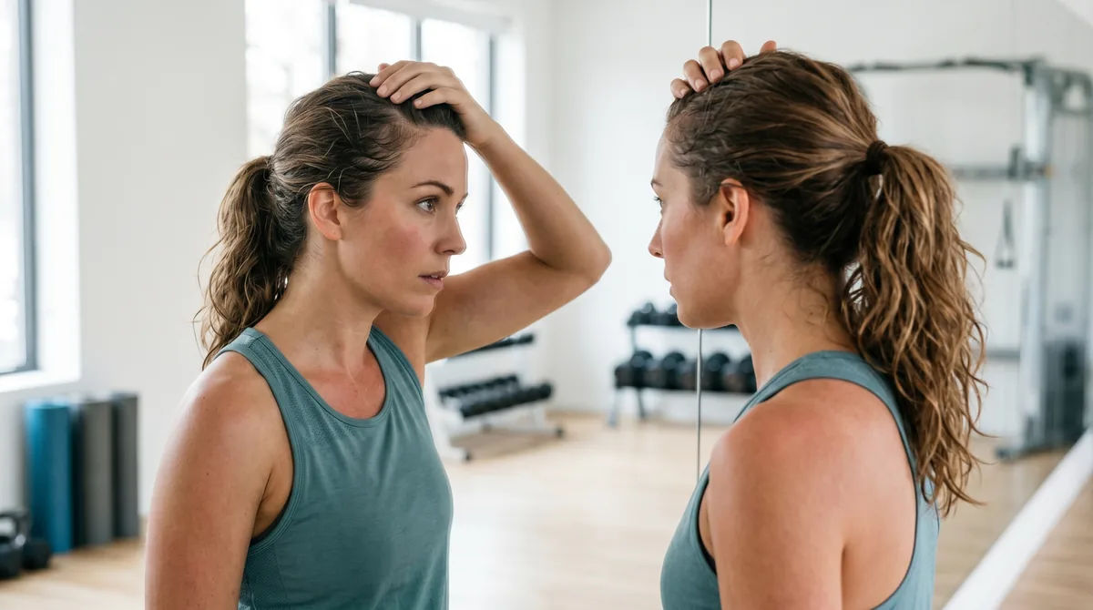 Woman with damp hair in athletic wear examining her scalp in gym mirror after workout
