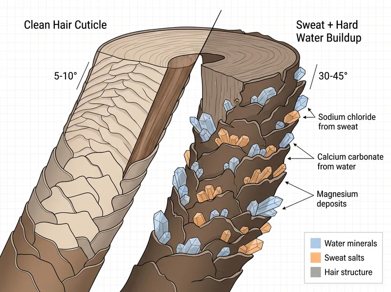 Scientific diagram showing how sweat salt crystals combine with hard water minerals on hair shaft