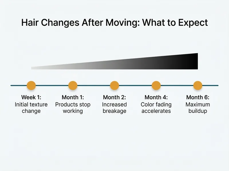 Timeline showing hair adjustment phases after moving to hard water climate