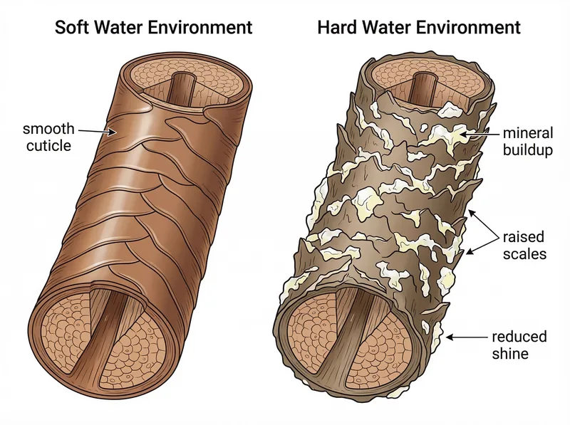 Scientific diagram showing mineral deposits coating hair strand surface