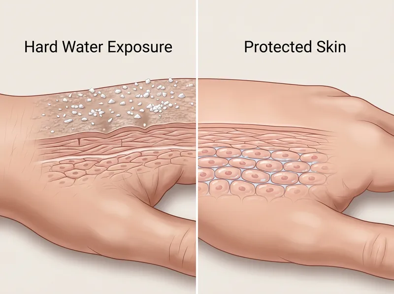 Side-by-side comparison showing hand skin texture affected by mineral deposits versus protected skin