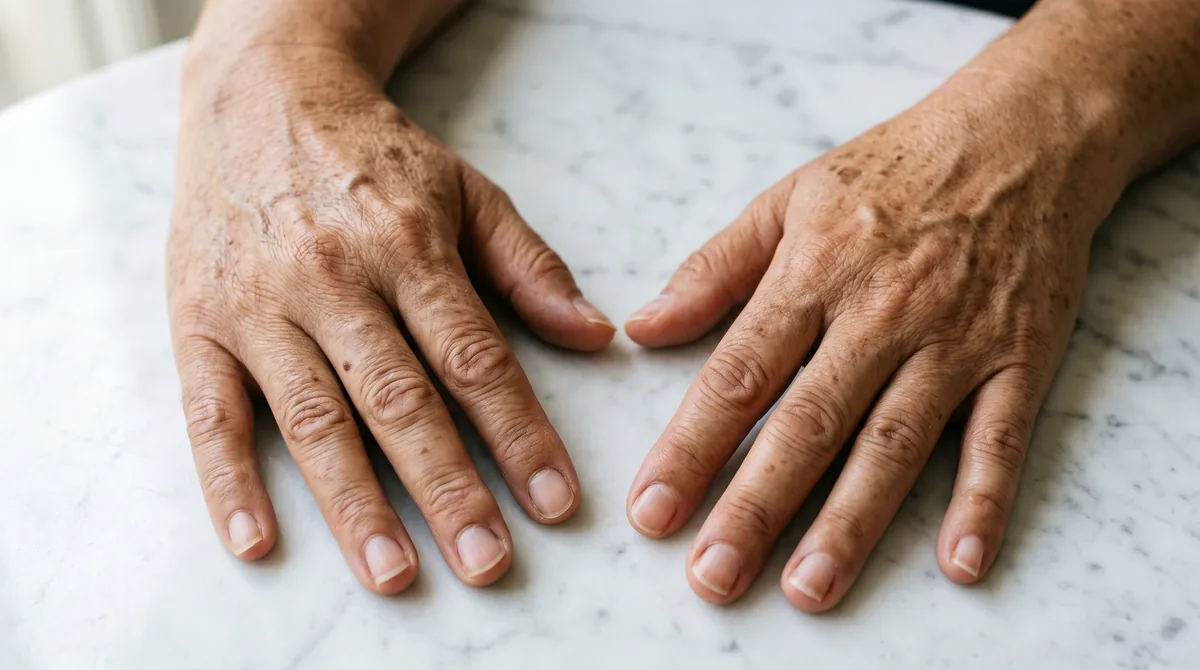 Close-up of hands showing sunspots and texture changes against neutral background in natural lighting
