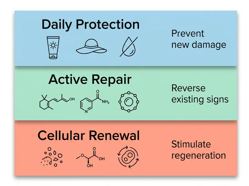 Infographic showing the three treatment layers for hand aging reversal: protection, repair, and renewal