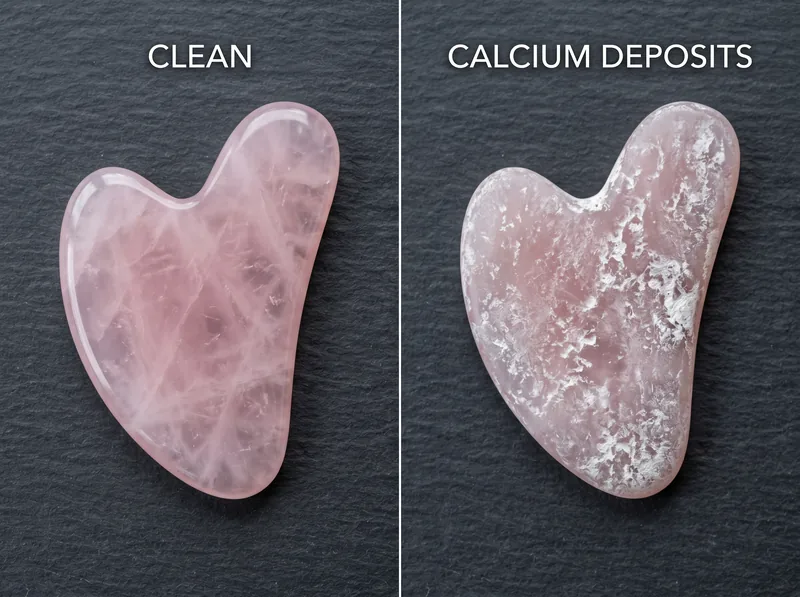 Close-up comparison of clean gua sha tool versus tool with visible mineral deposits from hard water