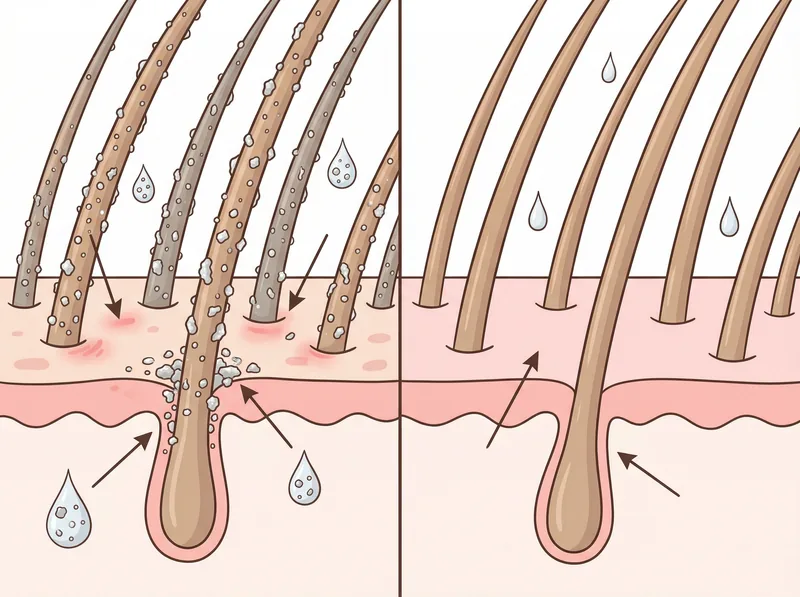 Educational diagram showing mineral deposits on toddler scalp hair follicles compared to healthy scalp