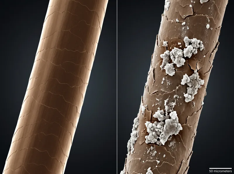 Split microscopic view comparing clean hair shaft versus hair with mineral buildup under heat damage
