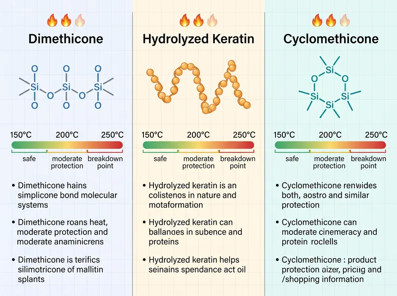 Scientific comparison chart showing heat protectant ingredient effectiveness at different temperatures with molecular structure diagrams