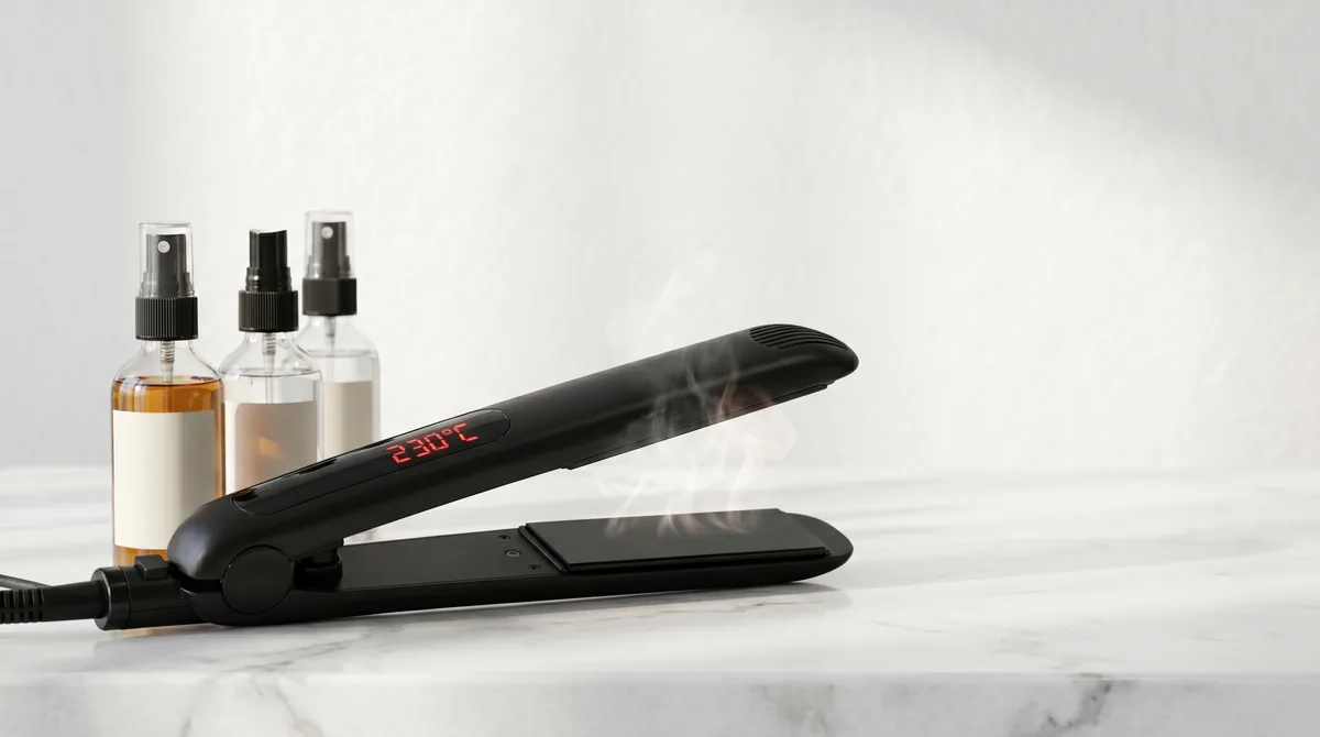 Professional flat iron at 230 degrees Celsius next to heat protectant spray bottles on marble surface with steam rising