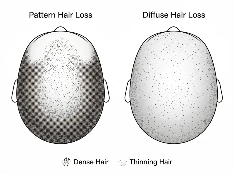 Educational diagram showing pattern hair loss versus diffuse hair loss distribution on scalp top view