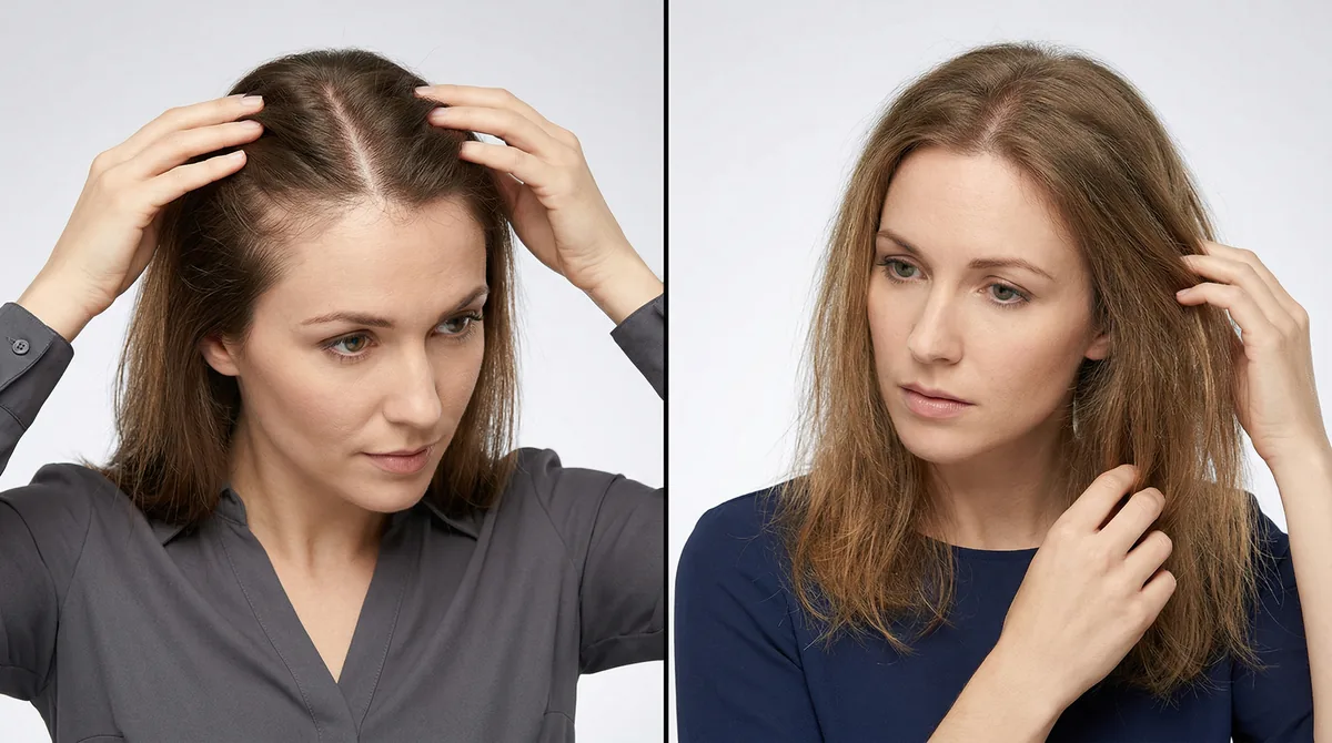 Split comparison showing two women examining their hair, one looking at hairline pattern and another examining diffuse thinning throughout scalp
