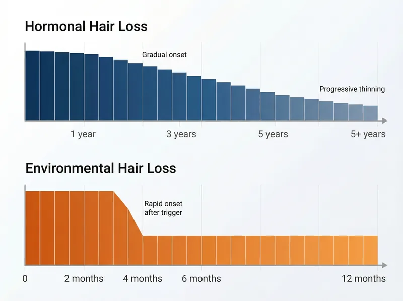 Timeline comparison chart showing progression speed of hormonal versus environmental hair loss over months