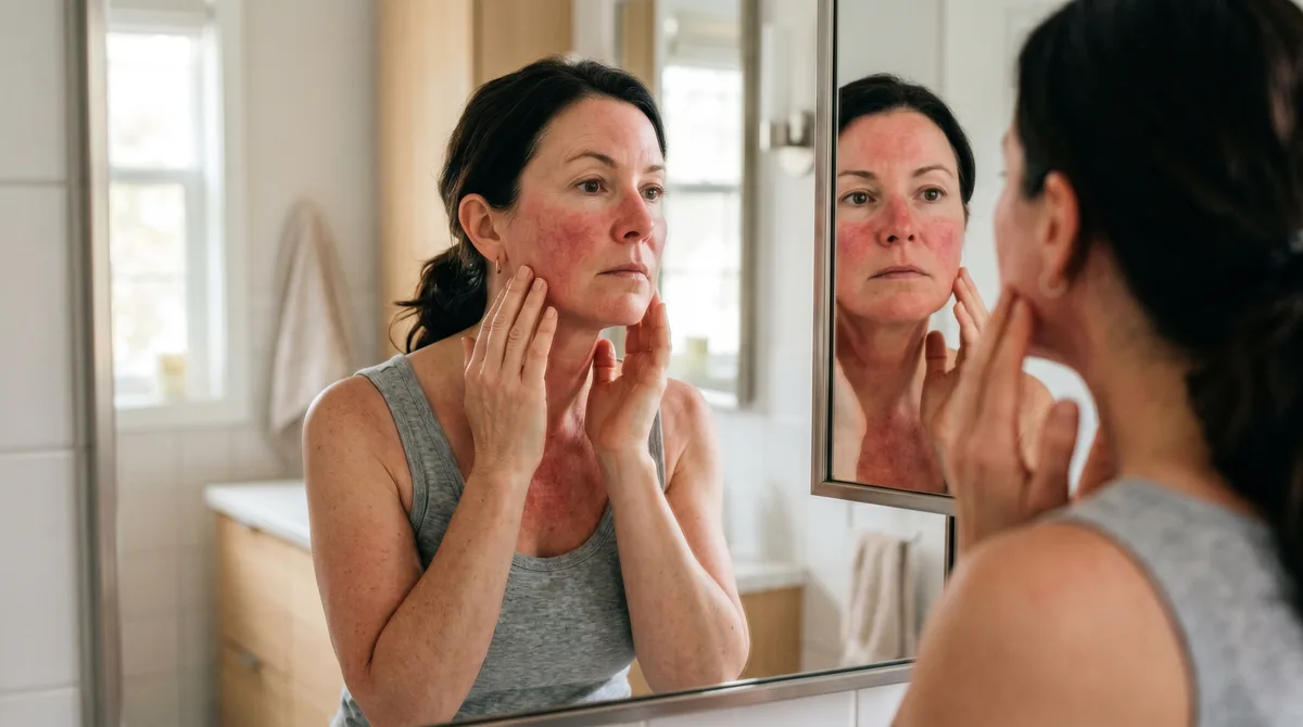 Woman in her late 40s touching her flushed cheeks and neck in front of a mirror, visible redness across face and chest, natural lighting, concerned expression