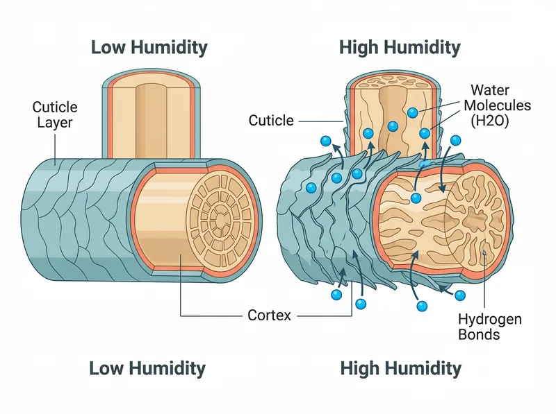 Scientific diagram showing hair cuticle structure in humid conditions with raised scales and water molecule penetration