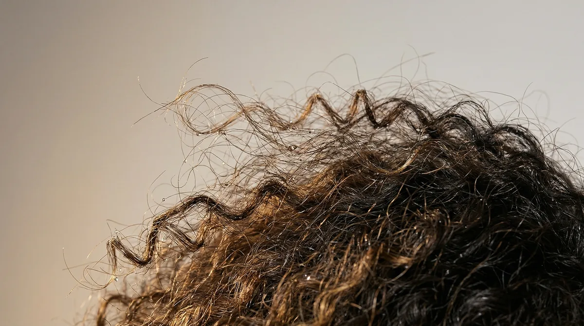 Close-up of textured hair showing frizz pattern with water droplets on strands against neutral background