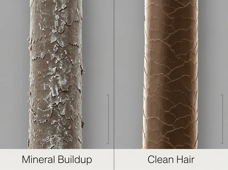 Side-by-side comparison of hair strands showing mineral coating versus clean hair surface under magnification