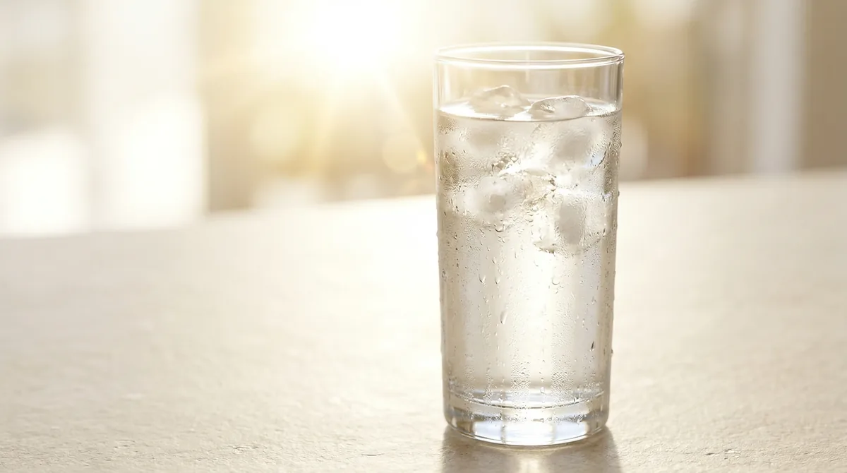 Clear glass of water with condensation droplets against bright sunlight background showing heat shimmer effect