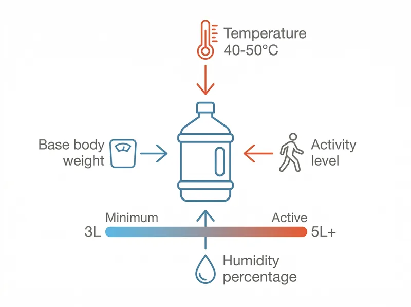 Visual guide showing hydration calculation factors for extreme heat conditions