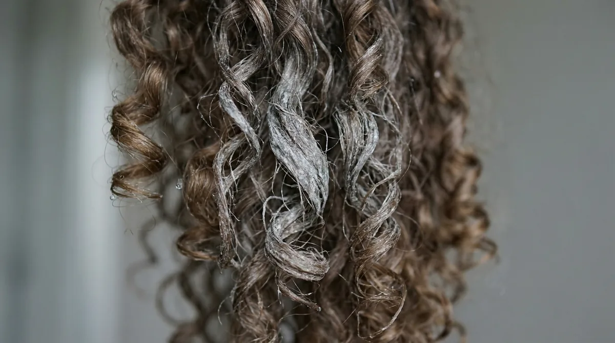 Close-up of curly hair strands with visible mineral buildup and product residue, showing dull, coated texture against a neutral background