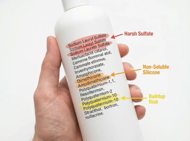 Annotated shampoo ingredient label highlighting problematic ingredients for curly hair in hard water