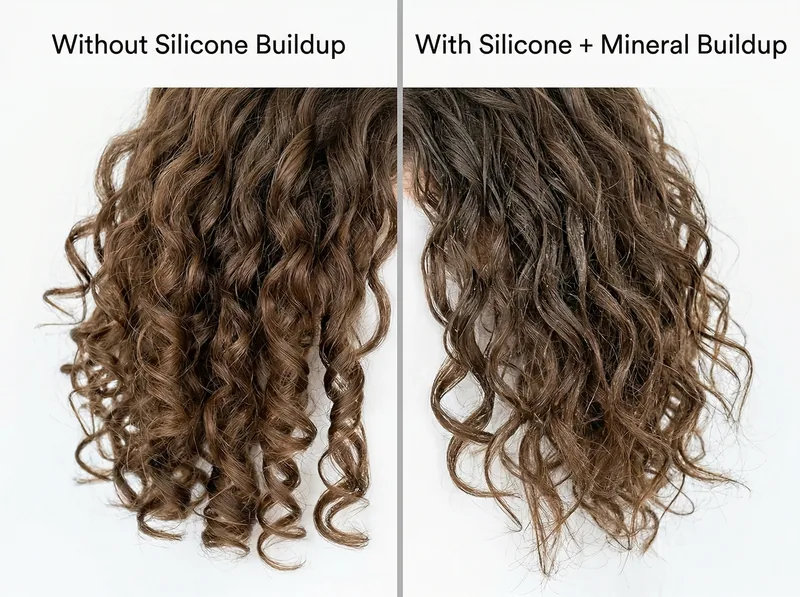 Side-by-side comparison of curly hair with and without silicone buildup in hard water conditions