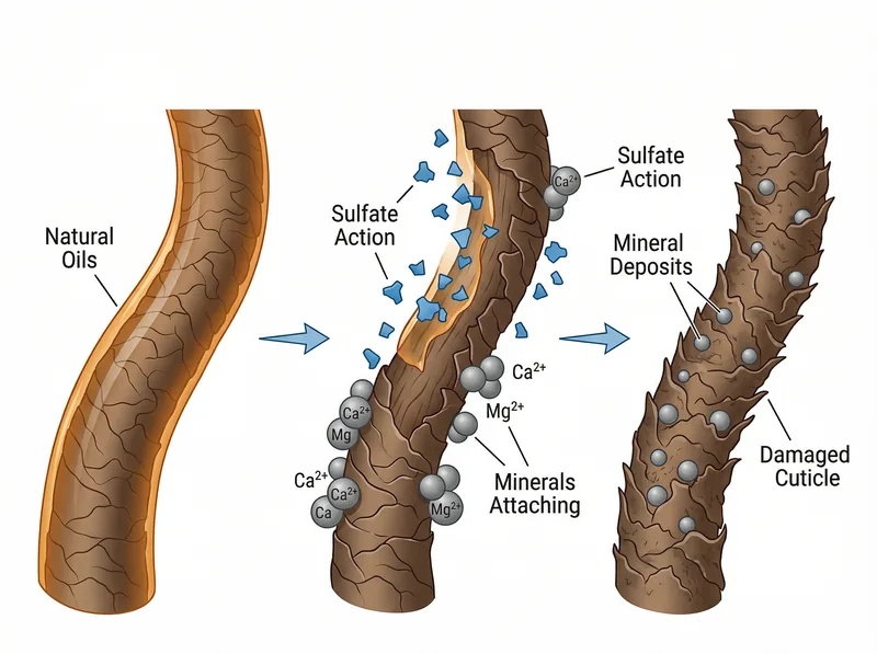 Educational diagram showing how sulfates interact with hard water minerals to create stubborn buildup on curly hair strands