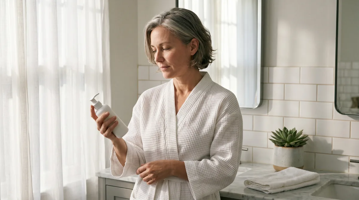 Mature woman in white robe applying skincare in bright, airy bathroom with natural light