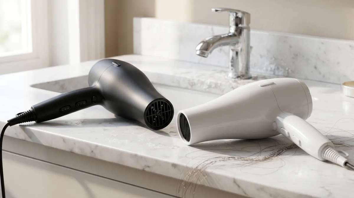 Side-by-side comparison of ionic and ceramic hair dryers on marble bathroom counter with hard water residue visible on faucet