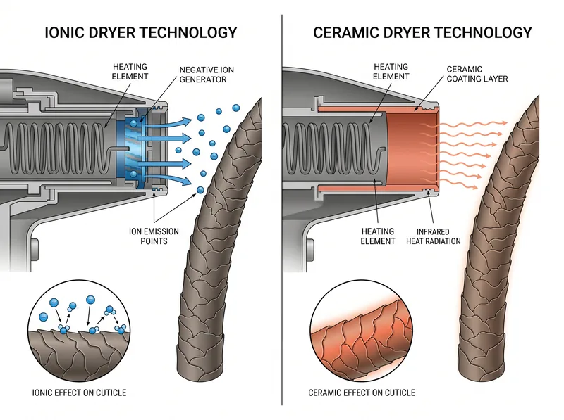 Scientific diagram comparing ionic and ceramic hair dryer technology mechanisms with cross-sections
