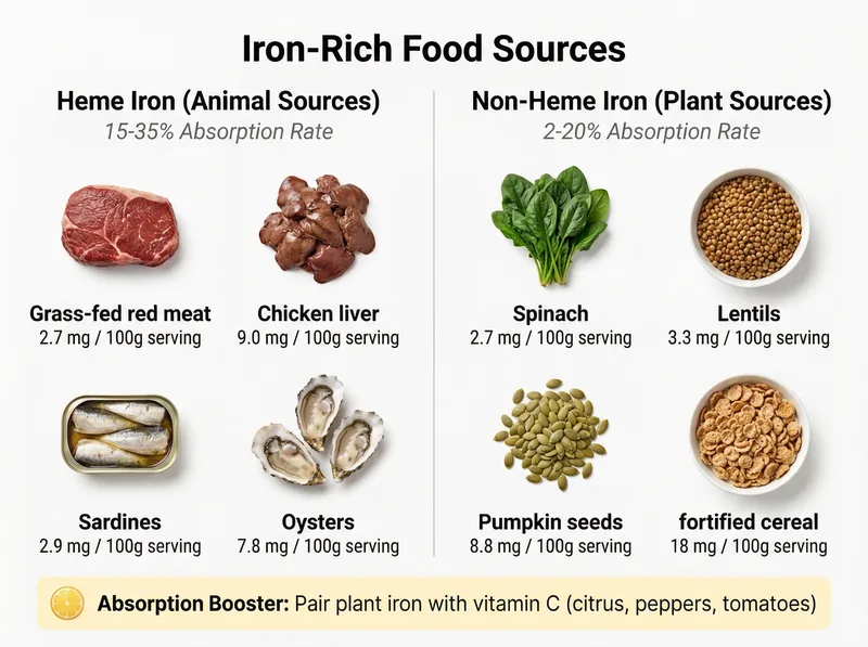 Visual guide showing heme iron sources versus non-heme iron sources with absorption rates