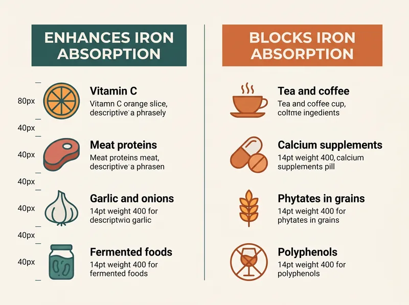 Educational diagram showing iron absorption enhancers and inhibitors with common Gulf ingredients