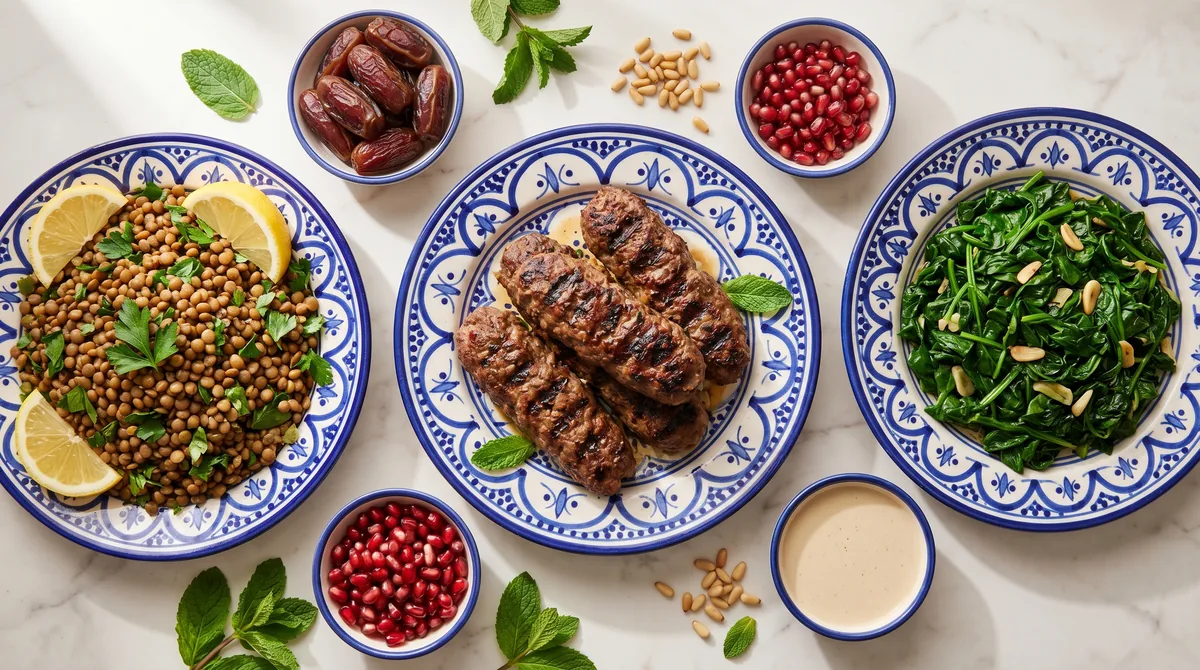 Overhead view of colorful Middle Eastern iron-rich meal with grilled lamb, lentils, pomegranate, spinach, and dates arranged on traditional ceramic plates