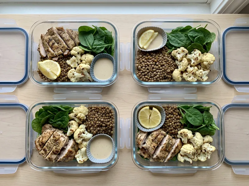Glass meal prep containers with iron-rich Gulf-inspired lunches including grilled meat, lentils, and roasted vegetables