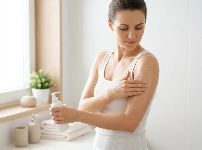 Woman applying AHA lotion to upper arm in bathroom setting with natural light