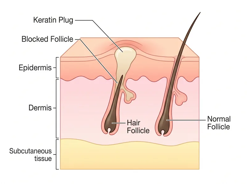 Educational diagram showing cross-section of skin with keratin plugging hair follicle in keratosis pilaris