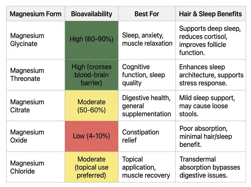 Comparison chart of magnesium supplement forms showing bioavailability and specific benefits for sleep and hair health