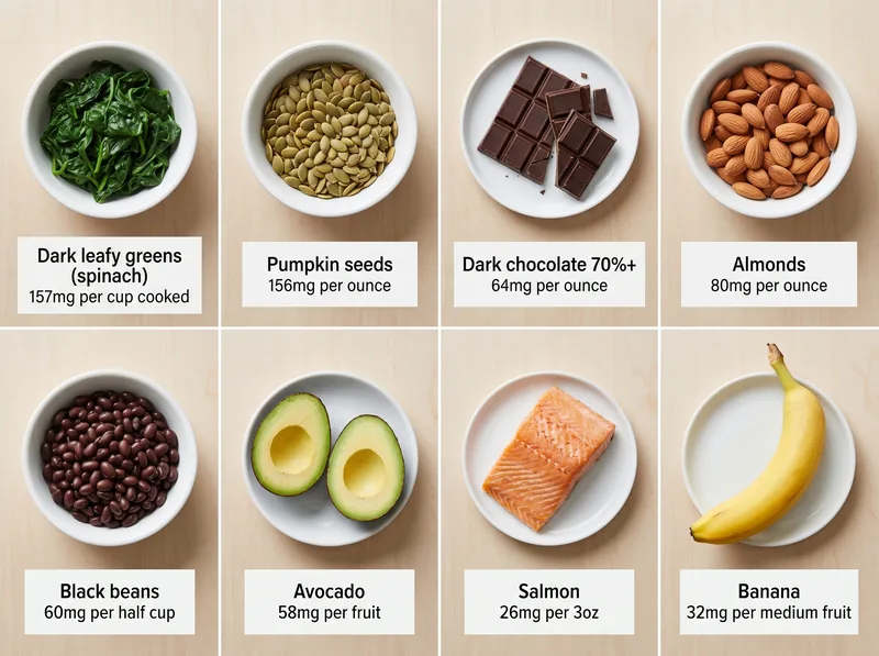 Visual guide to magnesium-rich foods with portion sizes and magnesium content per serving