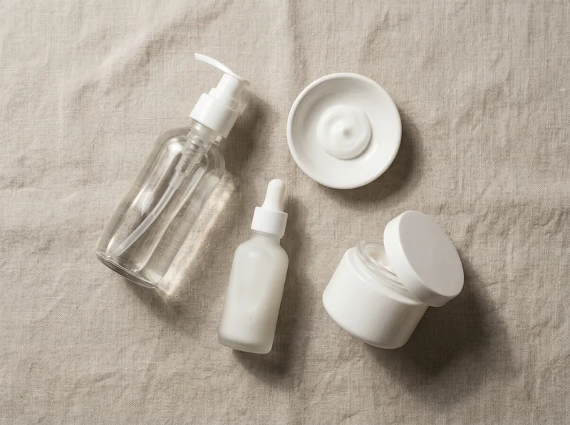 Flat lay of barrier-repair skincare products on neutral background, including ceramide serum, gentle cleanser, and occlusive moisturizer suitable for menopausal skin