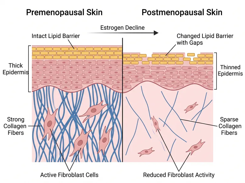 Scientific diagram showing estrogen's role in skin collagen production and barrier function, with visual comparison of premenopausal versus postmenopausal skin structure