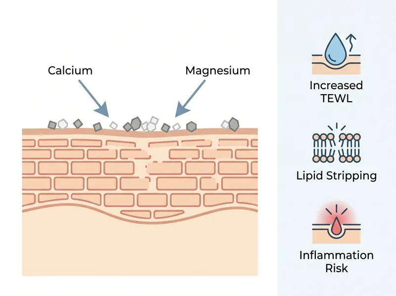 Infographic showing how hard water minerals interact with compromised menopausal skin barrier, illustrating calcium and magnesium deposits on weakened lipid layer