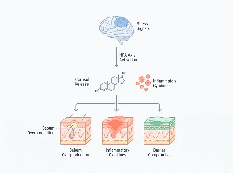 Educational diagram showing the stress-skin connection pathway from brain to skin