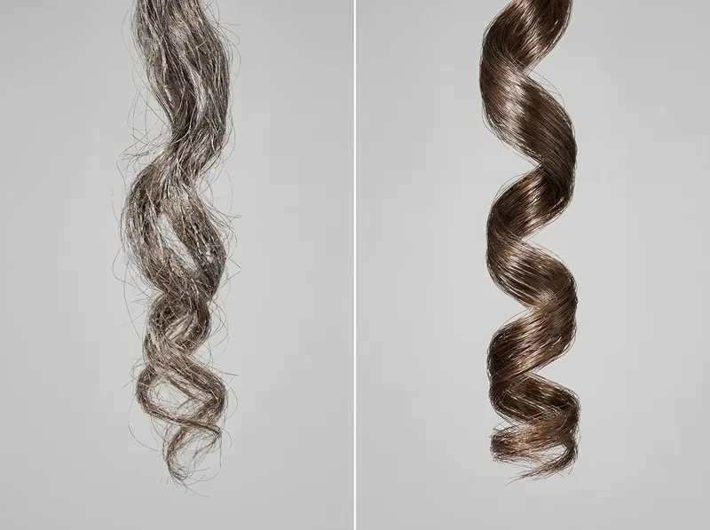 Before and after comparison showing hair with mineral buildup versus chelated hair with restored shine and definition