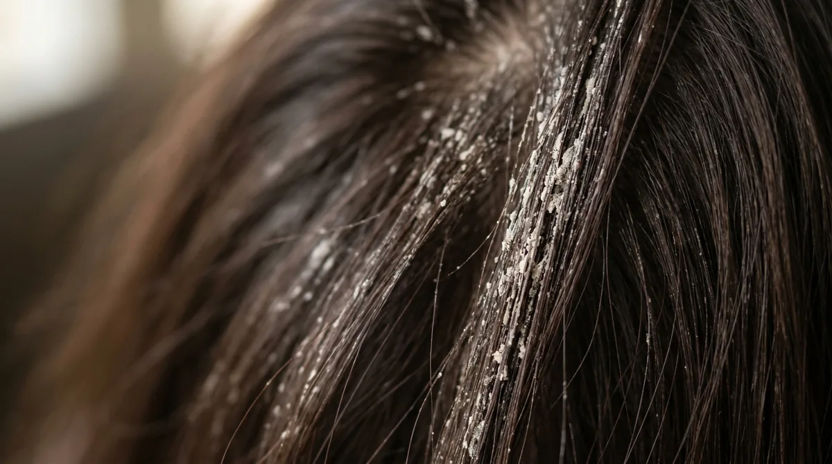 Close-up of hair strands showing visible white mineral deposits and calcium buildup against dark hair