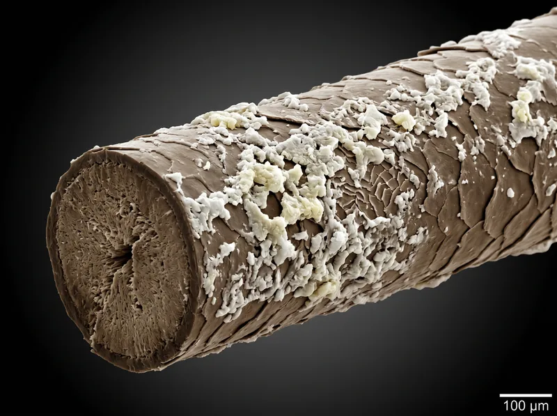 Microscopic view of hair strand showing mineral deposits coating the cuticle layer blocking moisture