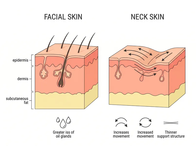 Anatomical diagram showing skin layers and aging factors in neck versus face