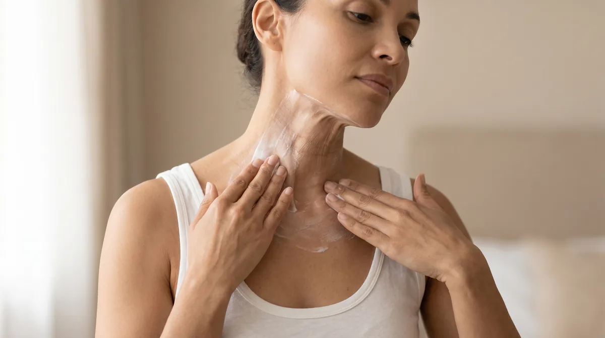 Woman applying skincare cream to neck and décolletage area in natural lighting