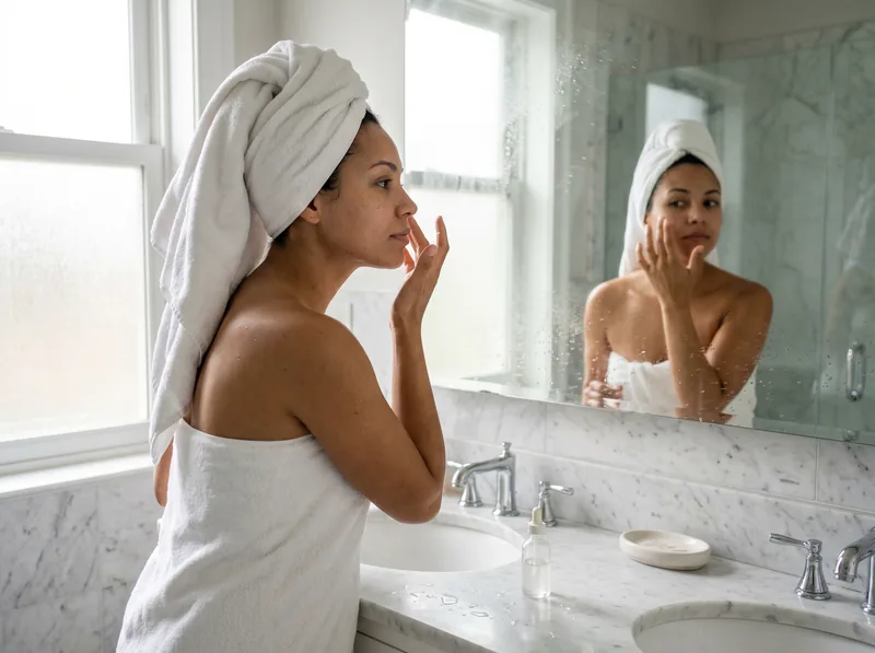 Woman applying niacinamide serum to clean face in bathroom with visible humidity, natural morning light