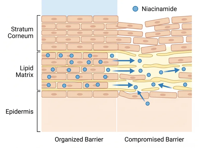 Scientific diagram showing skin barrier layers with niacinamide molecules strengthening lipid matrix in humid conditions