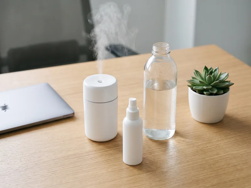 Professional desk setup showing facial mist, water bottle, and small humidifier arranged for office skin hydration