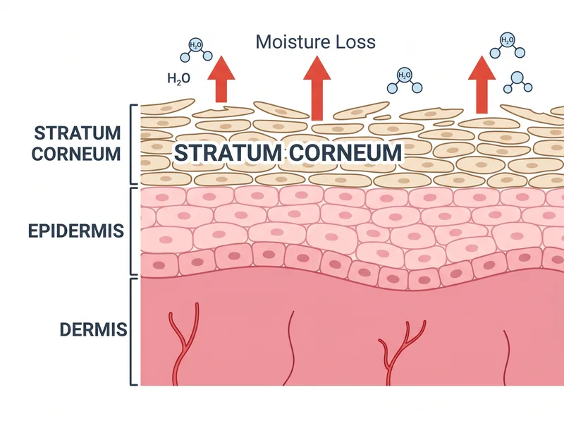 Cross-section diagram showing how low humidity from air conditioning affects skin barrier layers and moisture loss