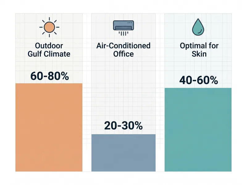 Infographic comparing indoor humidity levels between outdoor Gulf climate, air-conditioned office, and optimal skin health range